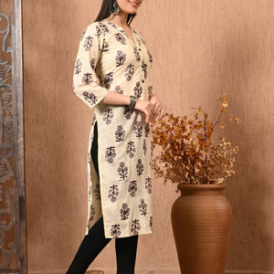 Beige Printed Cotton Kurta