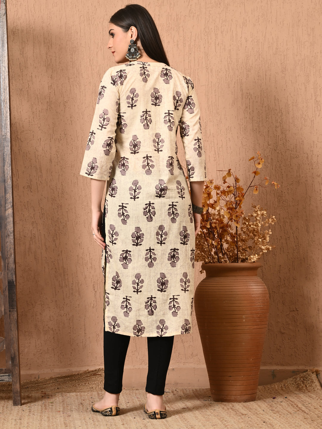 Beige Printed Cotton Kurta