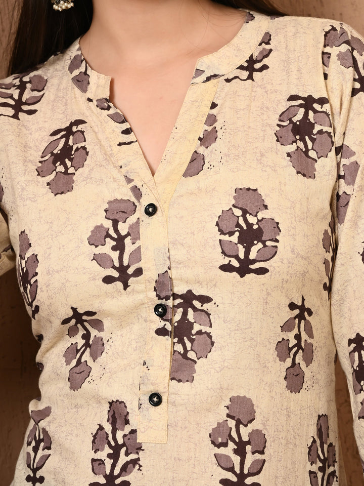 Beige Printed Cotton Kurta