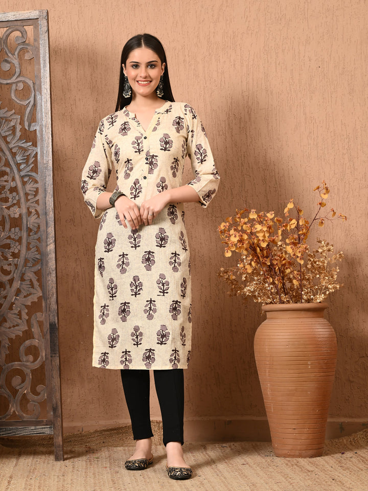 Beige Printed Cotton Kurta