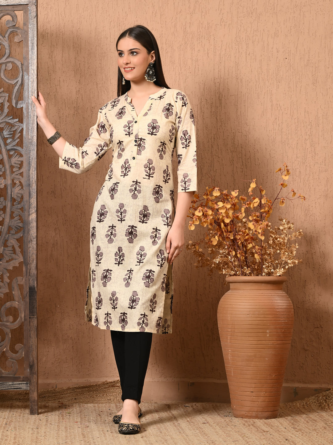 Beige Printed Cotton Kurta