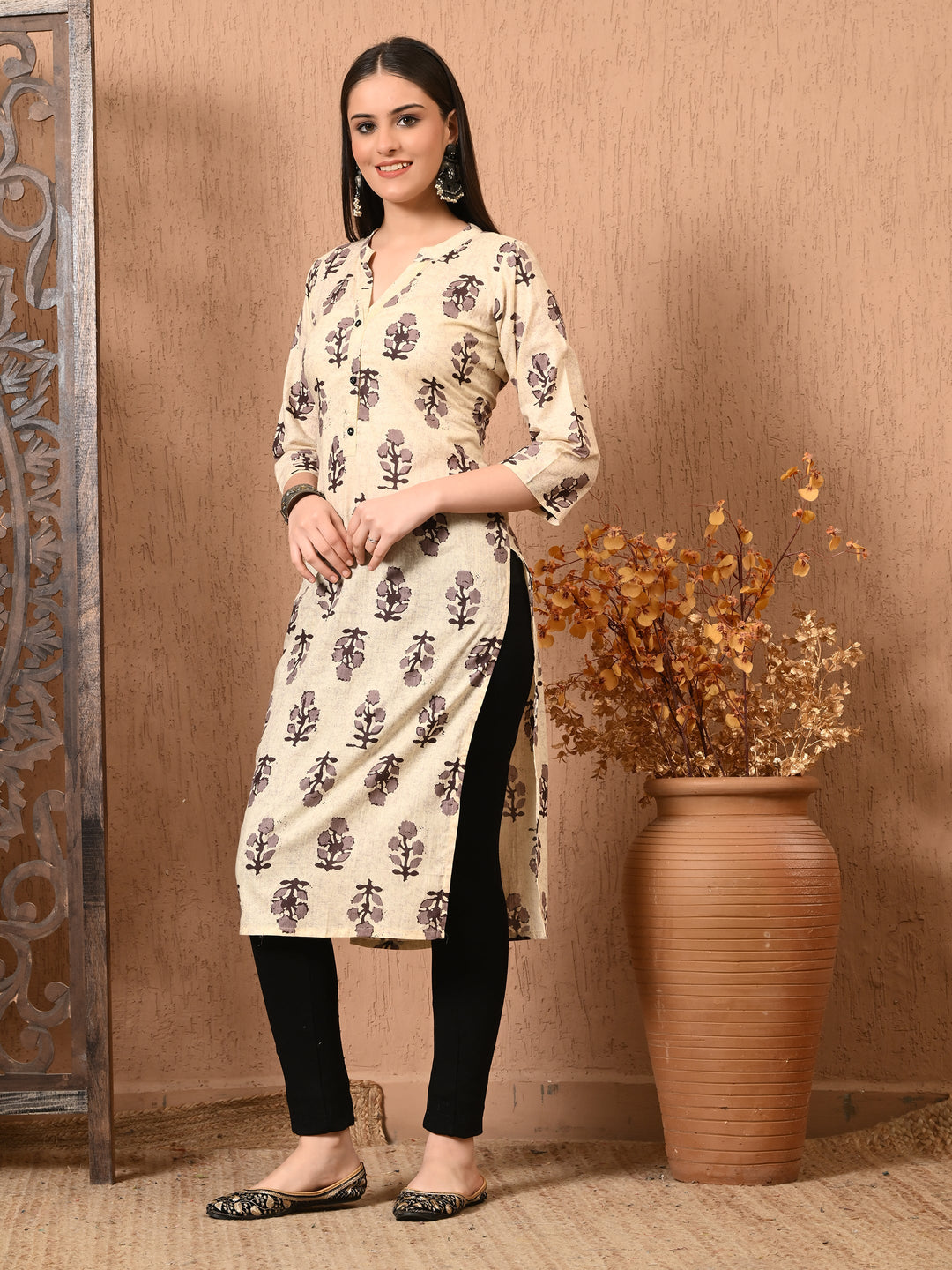 Beige Printed Cotton Kurta