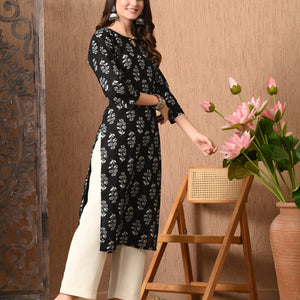 Black Floral Print Cotton Kurta