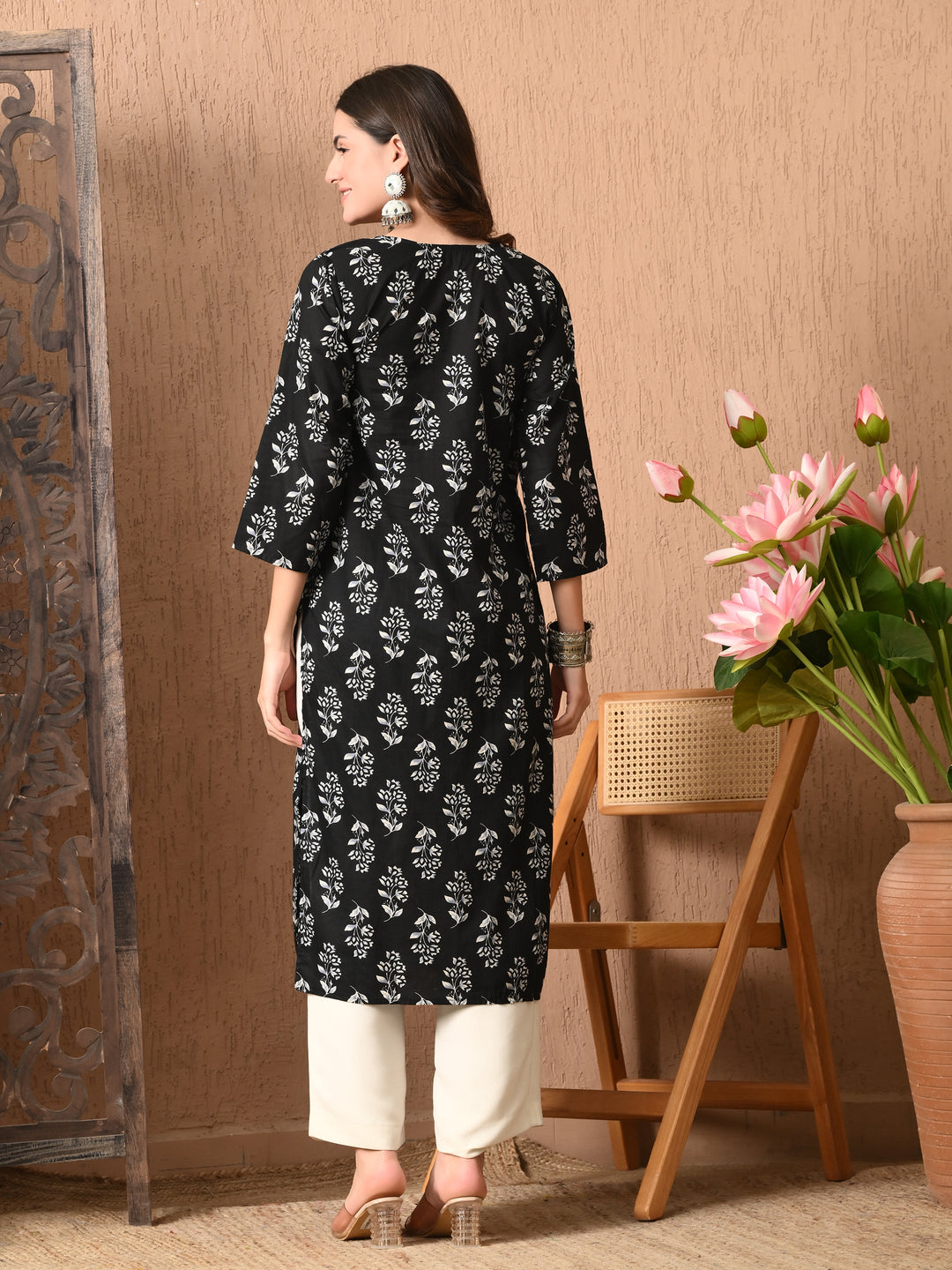 Black Floral Print Cotton Kurta