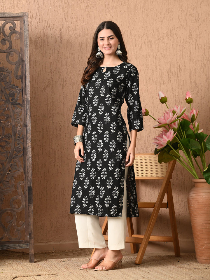 Black Floral Print Cotton Kurta