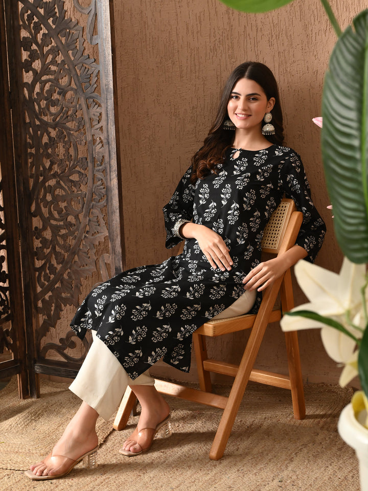 Black Floral Print Cotton Kurta