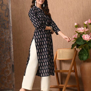 Black Printed Collared Neck Kurta