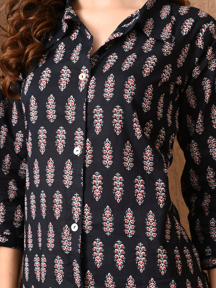 Black Printed Collared Neck Kurta
