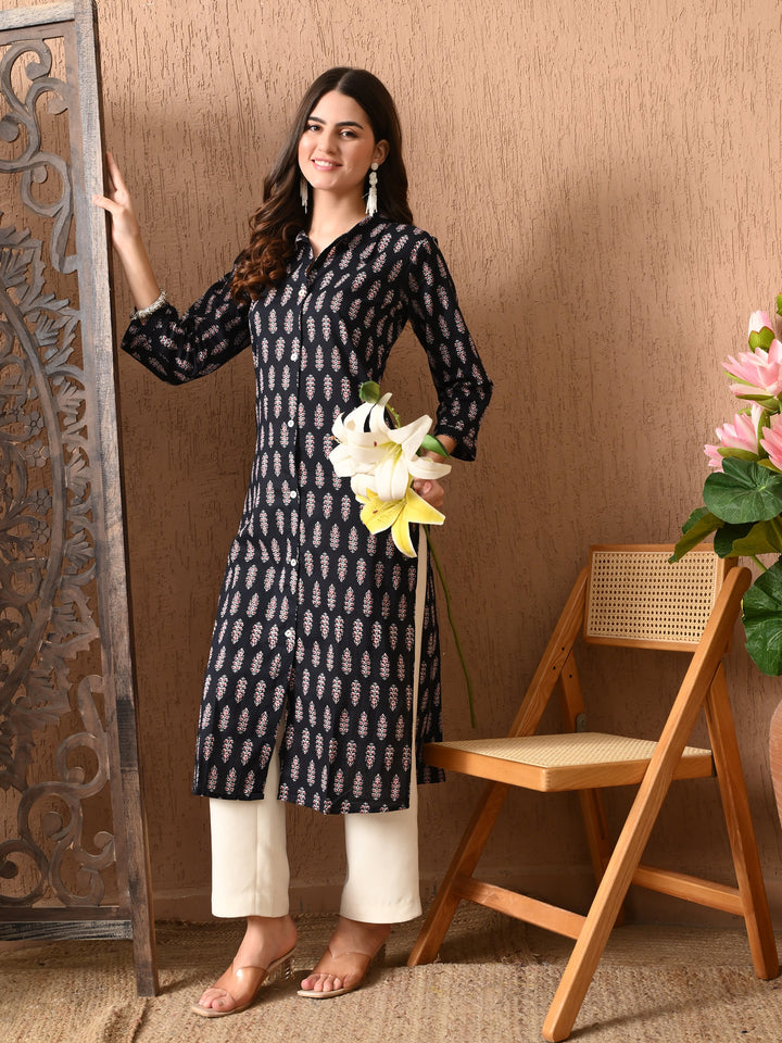 Black Printed Collared Neck Kurta