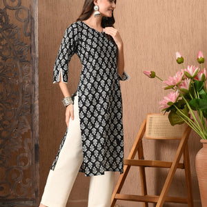 Black Printed Straight Cotton Kurta