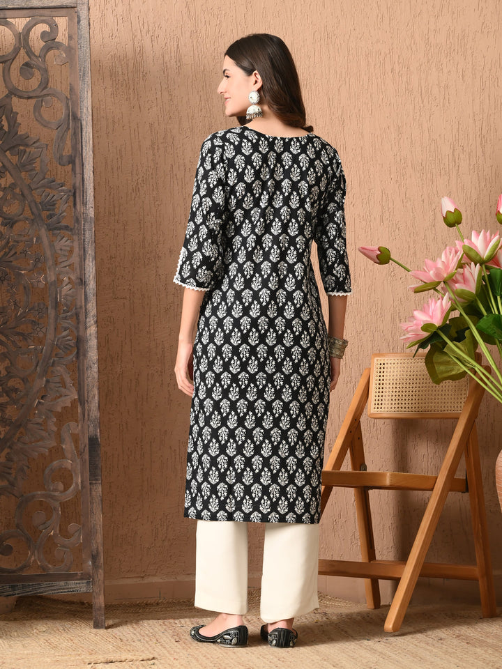 Black Printed Straight Cotton Kurta