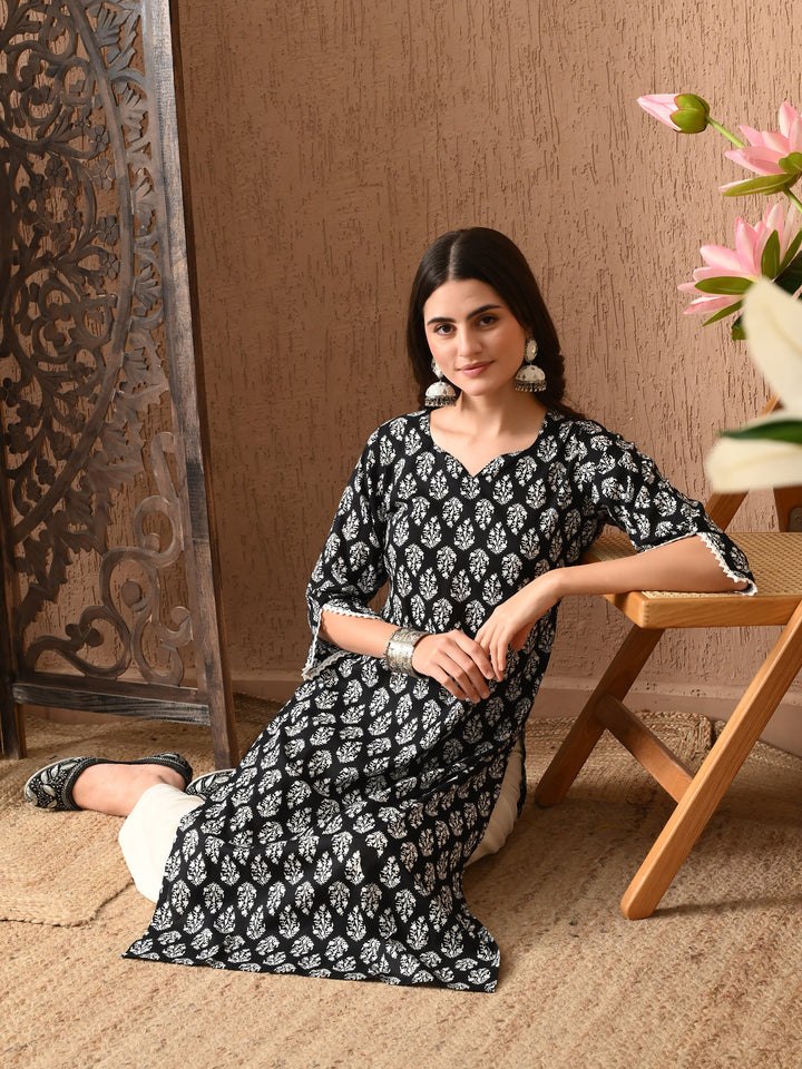 Black Printed Straight Cotton Kurta