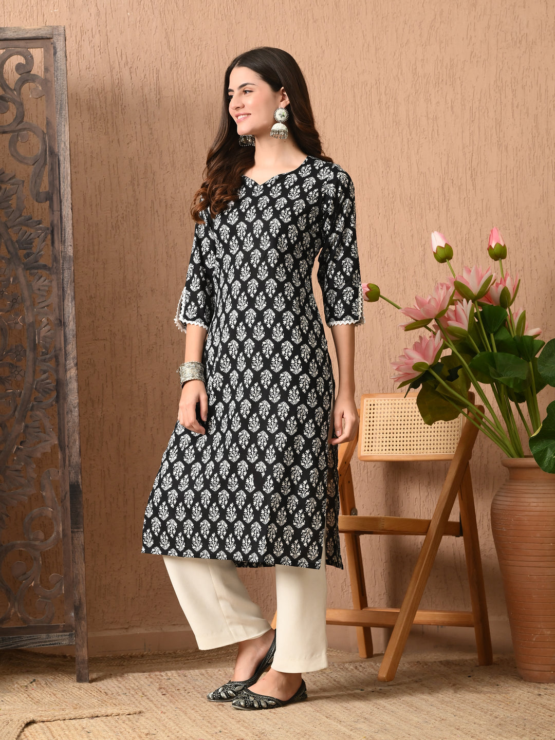 Black Printed Straight Cotton Kurta