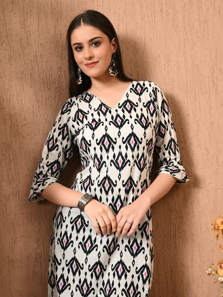 White Printed Cotton Straight Kurta