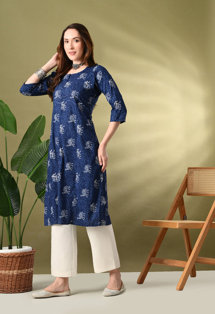 Blue Jaipuri Print Cotton Kurta