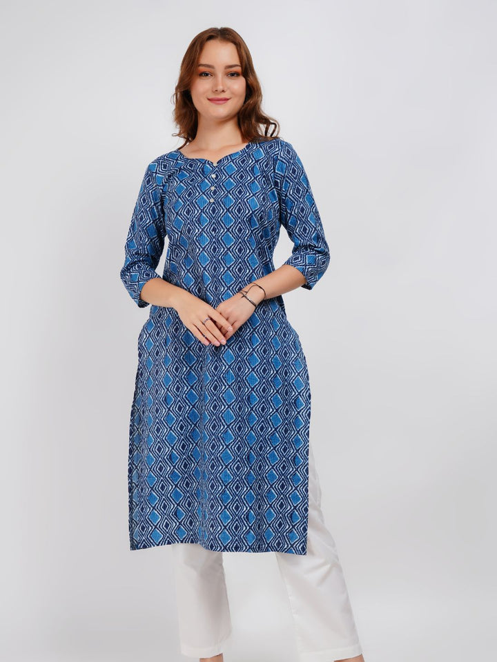 Blue Printed Cotton Kurta