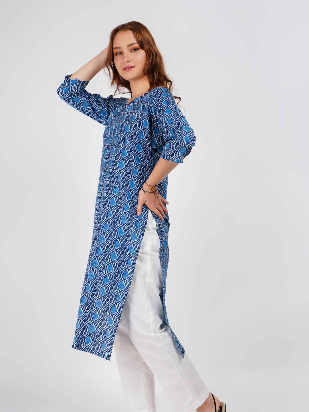 Blue Printed Cotton Kurta