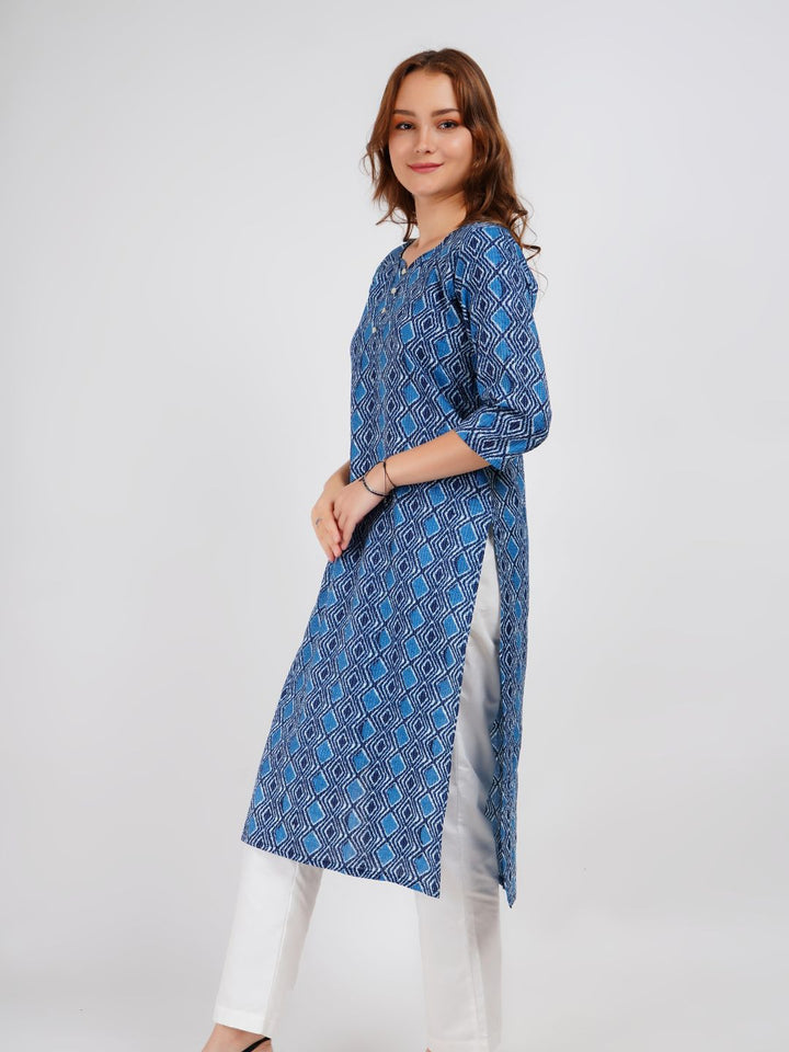 Blue Printed Cotton Kurta