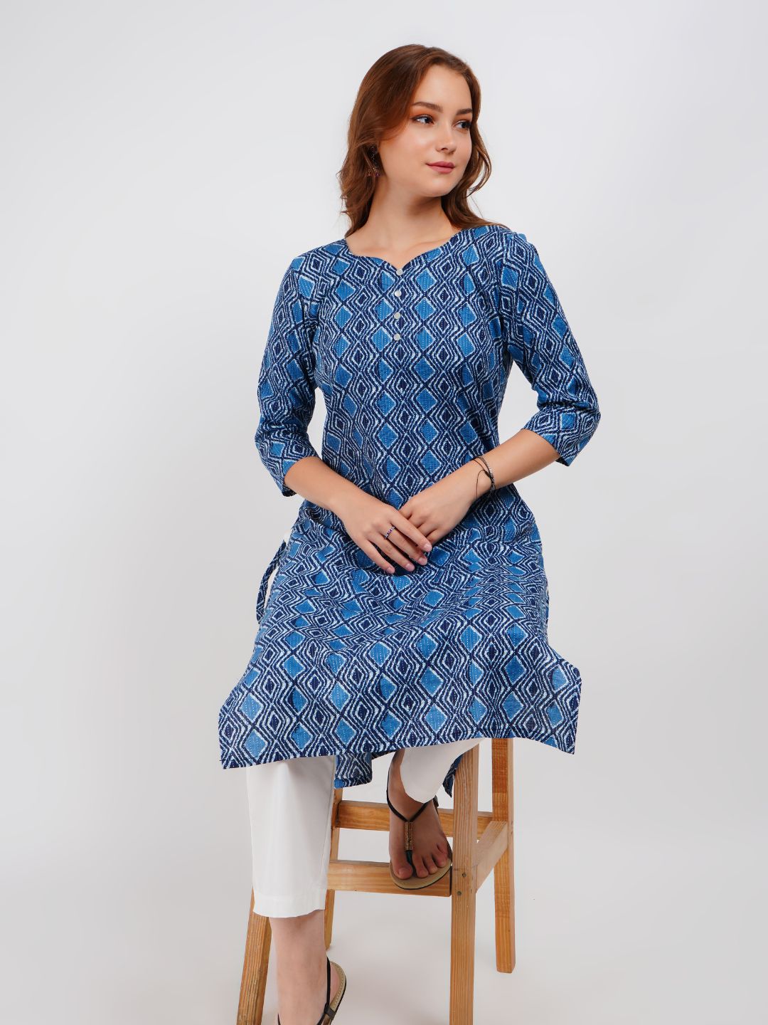 Blue Printed Cotton Kurta