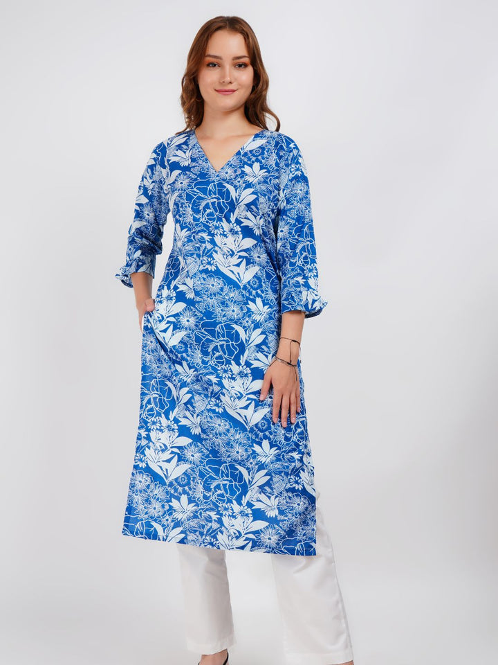 Blue Printed Ruffeled Sleeve Straight Kurta