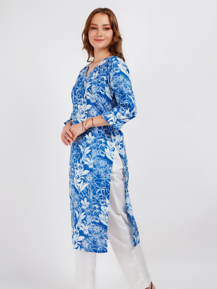 Blue Printed Ruffeled Sleeve Straight Kurta