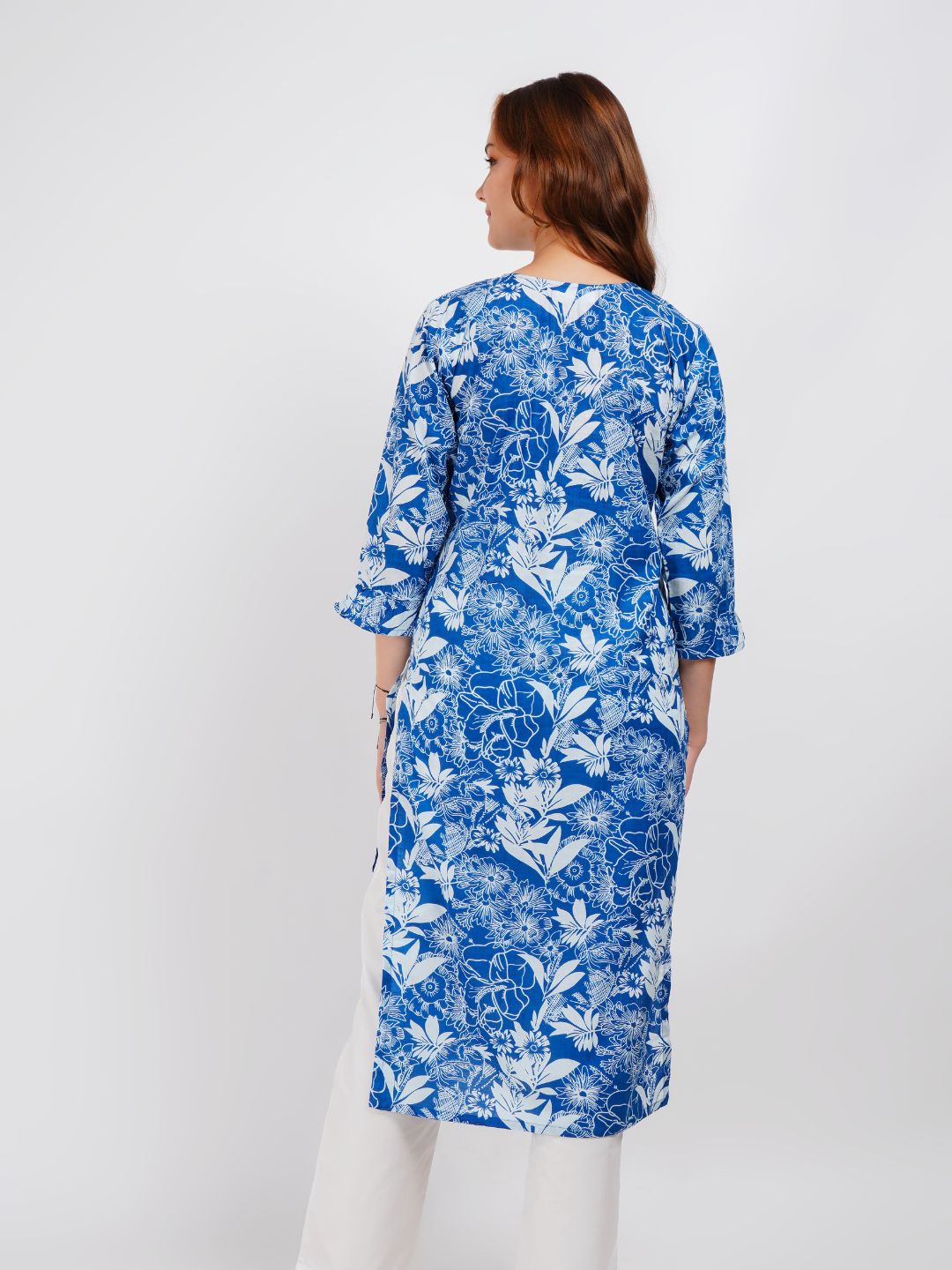 Blue Printed Ruffeled Sleeve Straight Kurta