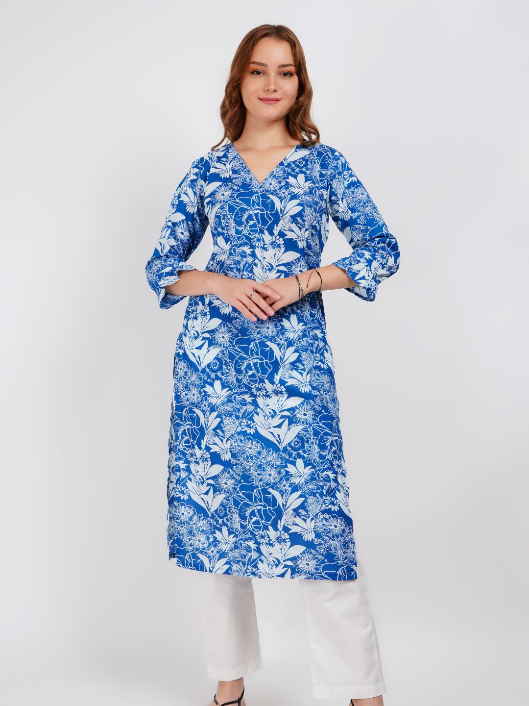 Blue Printed Ruffeled Sleeve Straight Kurta