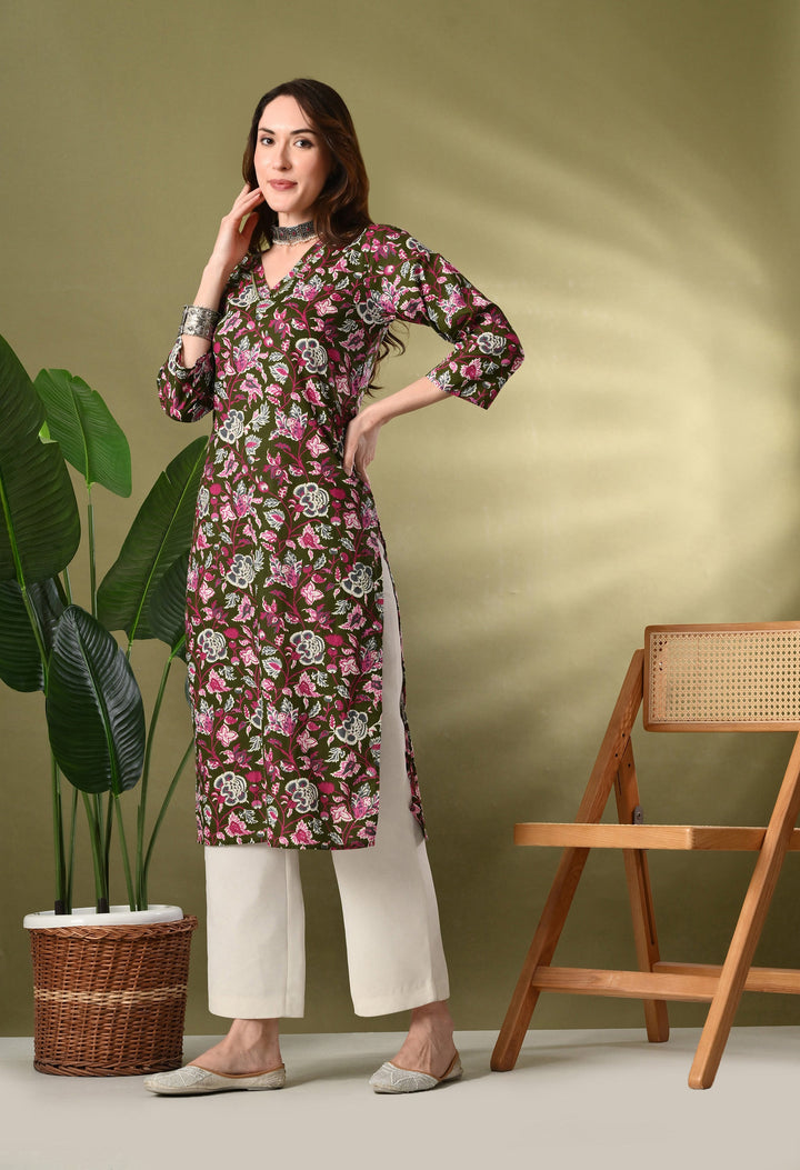 Green Floarl Print Sequence Work Kurta