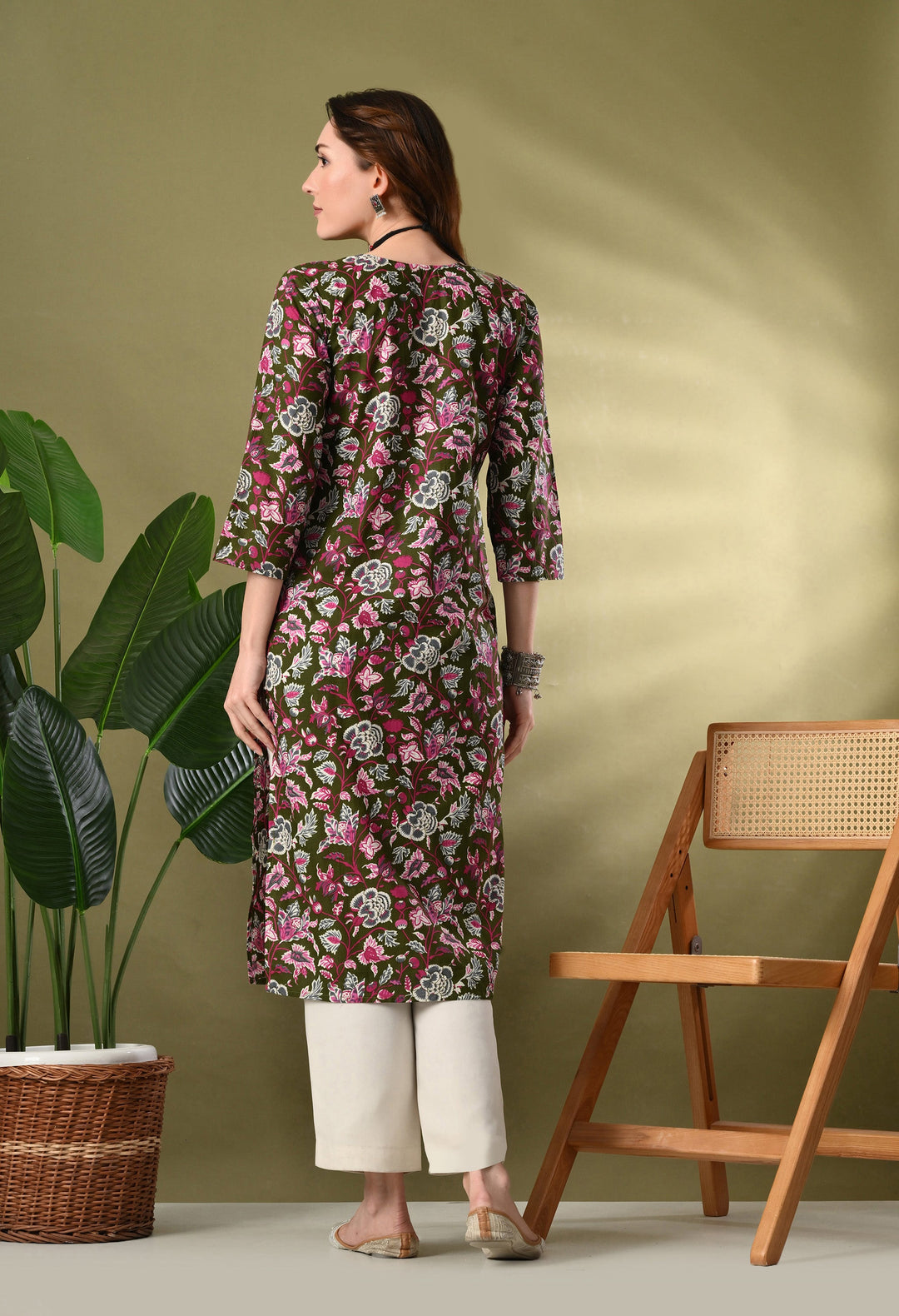 Green Floarl Print Sequence Work Kurta
