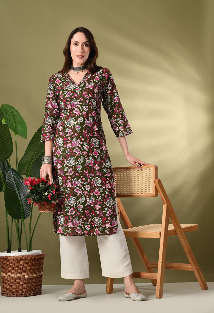Green Floarl Print Sequence Work Kurta