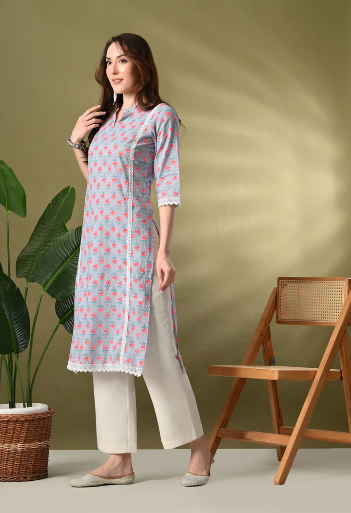 Gray Floral Print Mandarin Neck Cotton Kurta