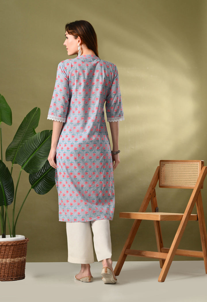 Gray Floral Print Mandarin Neck Cotton Kurta