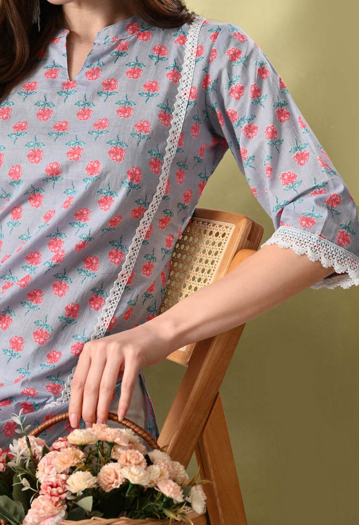 Gray Floral Print Mandarin Neck Cotton Kurta