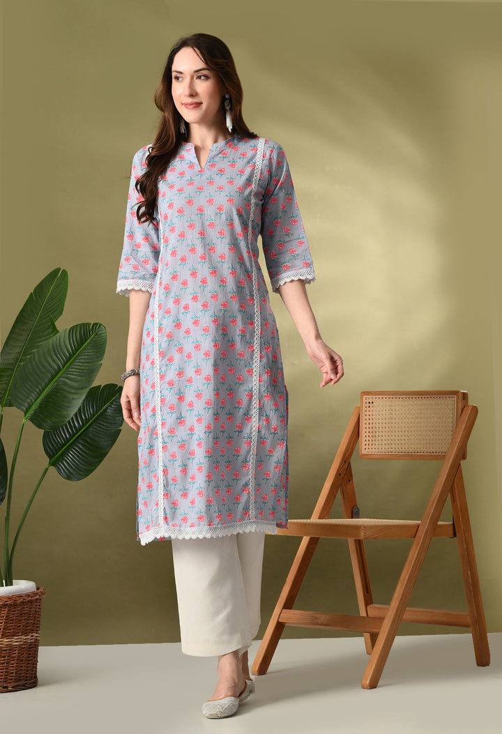 Gray Floral Print Mandarin Neck Cotton Kurta