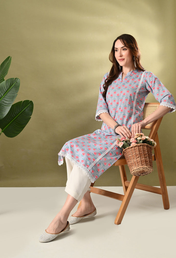 Gray Floral Print Mandarin Neck Cotton Kurta