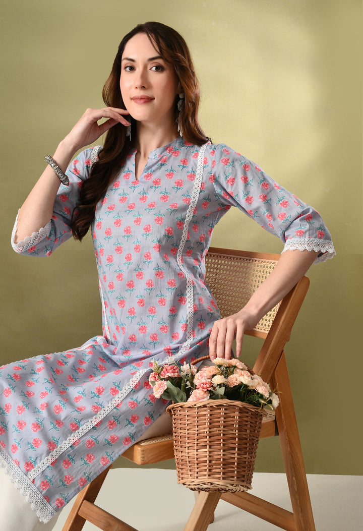 Gray Floral Print Mandarin Neck Cotton Kurta