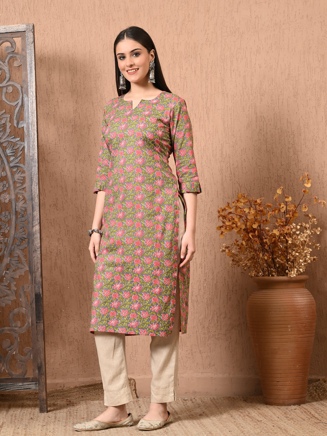 Gray Floral Print Cotton Kurta