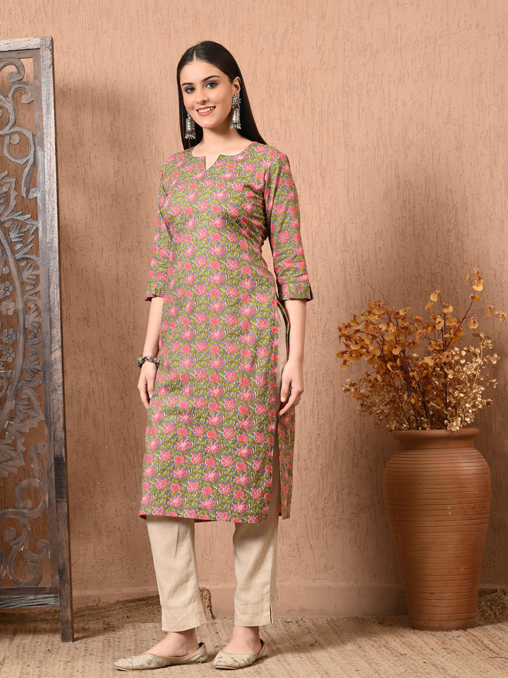 Gray Floral Print Cotton Kurta