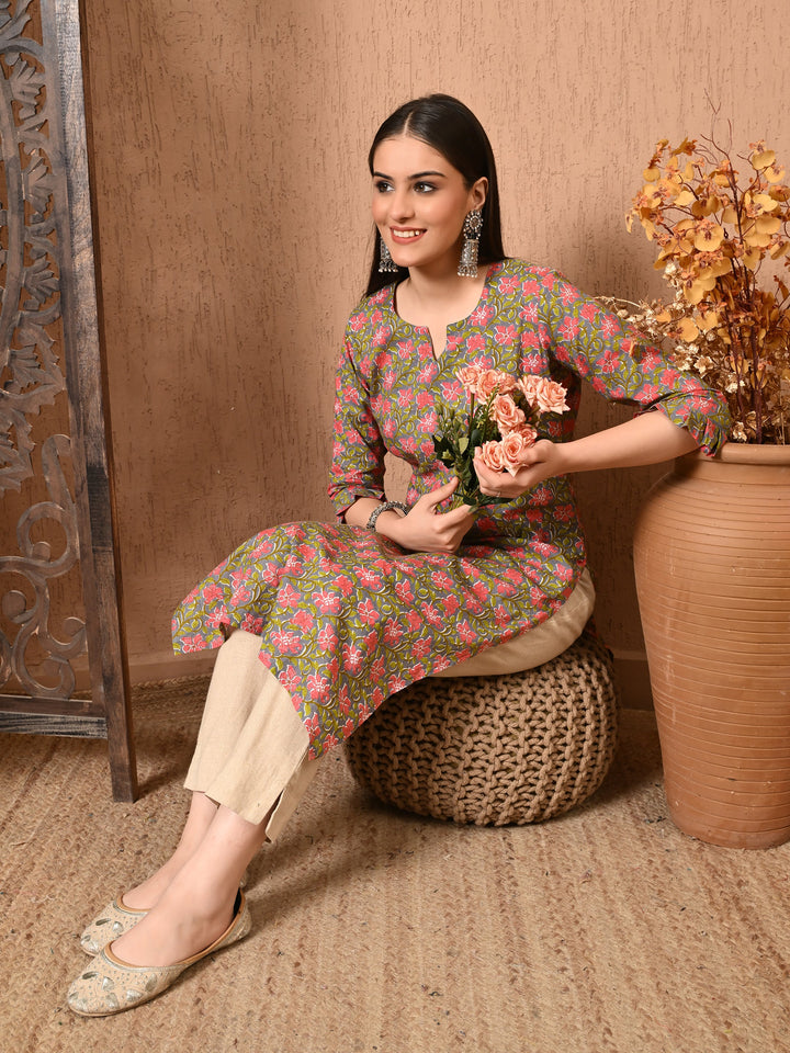 Gray Floral Print Cotton Kurta