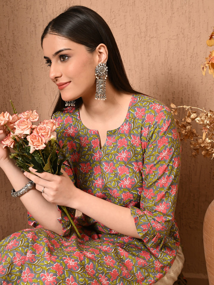 Gray Floral Print Cotton Kurta