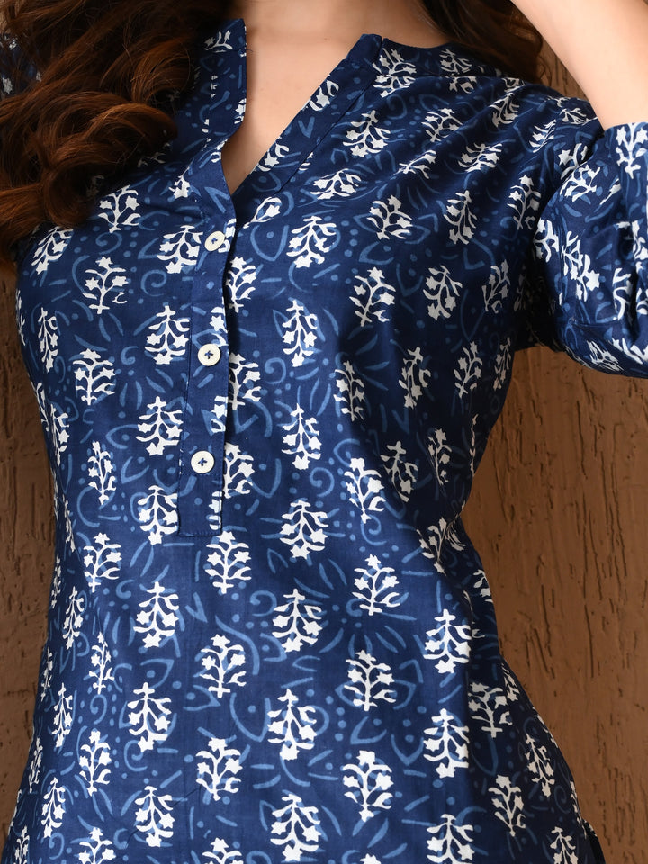Indigo Blue Printed Cotton Kurta