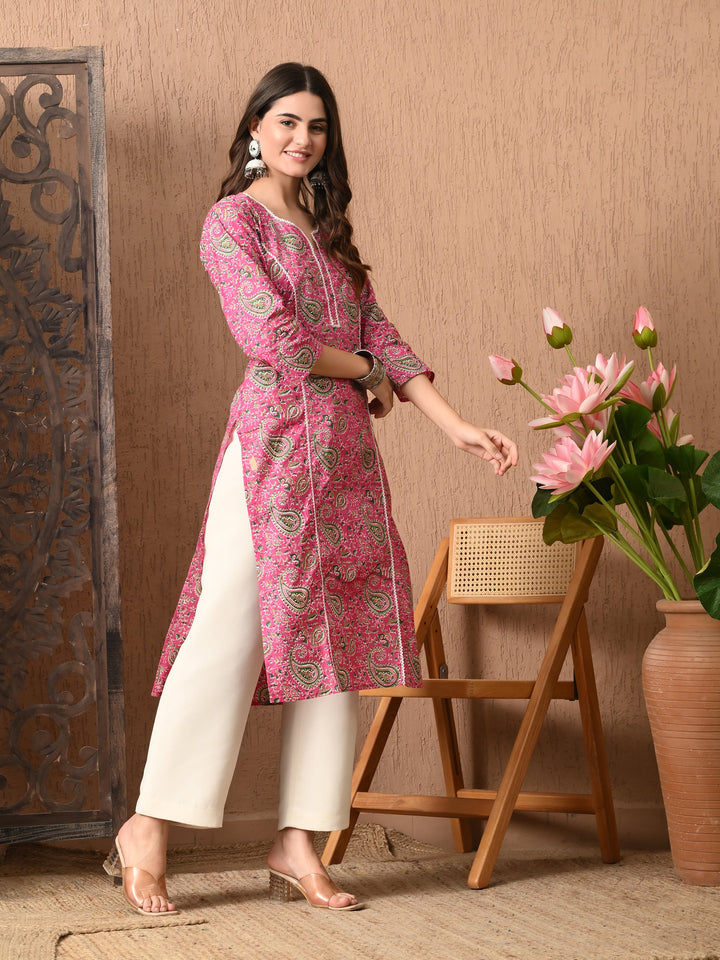 Pink Printed Lace Work Cotton Kurta