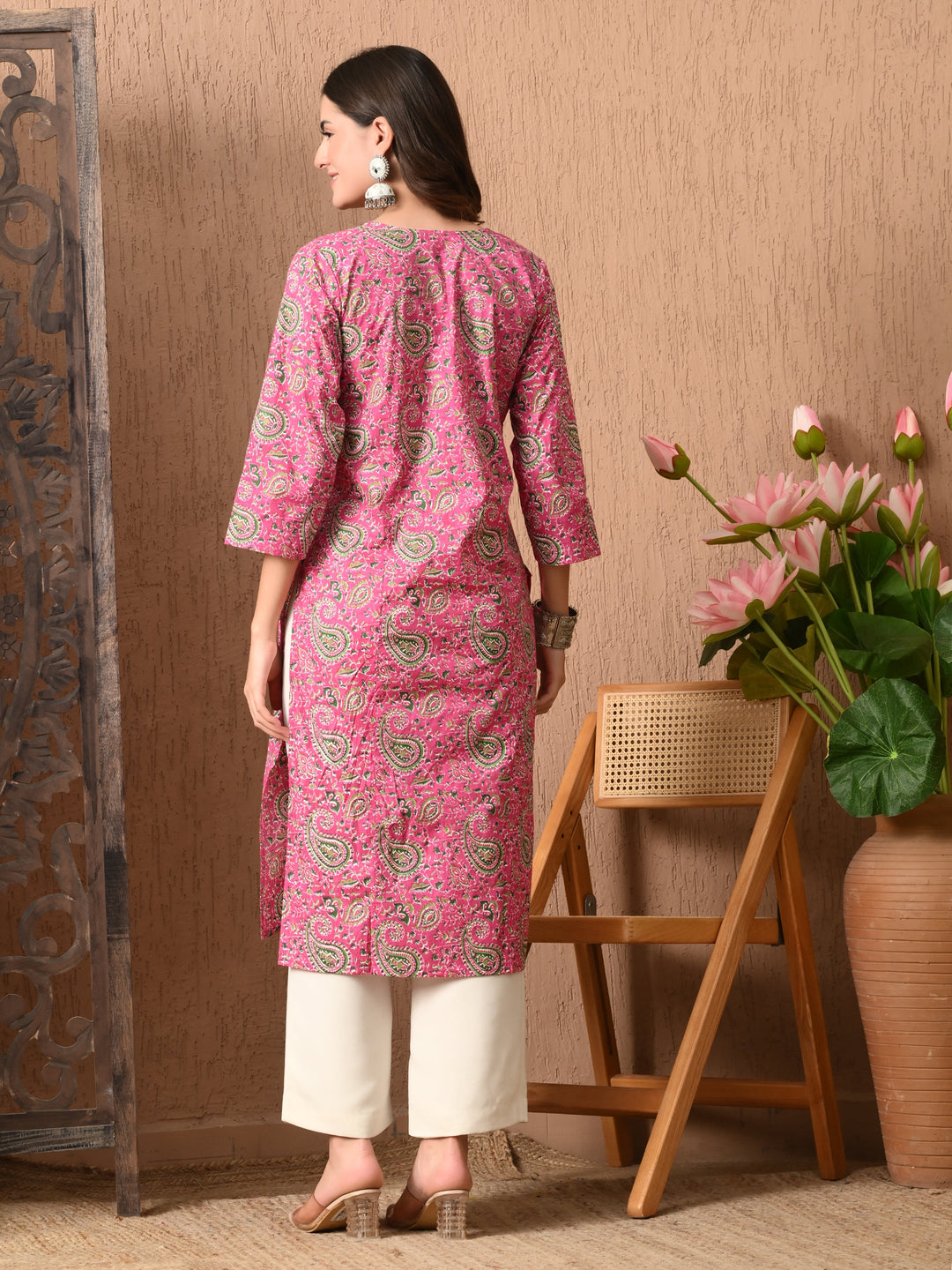 Pink Printed Lace Work Cotton Kurta
