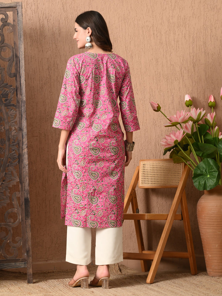 Pink Printed Lace Work Cotton Kurta