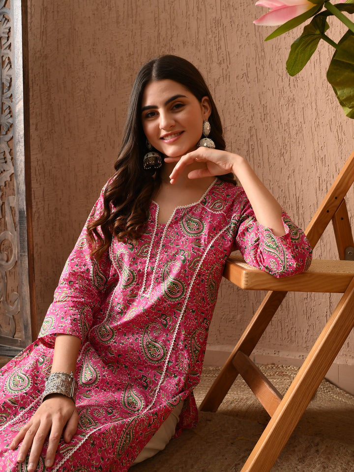 Pink Printed Lace Work Cotton Kurta
