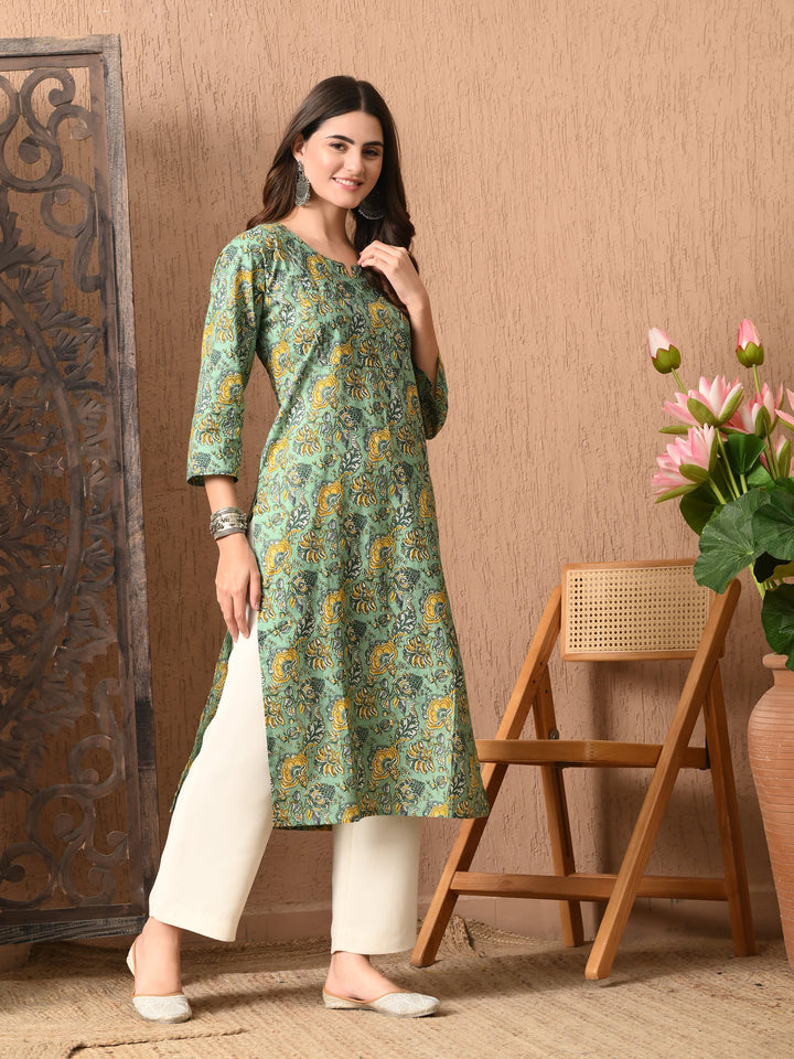 Green Floral Print Cotton Kurta