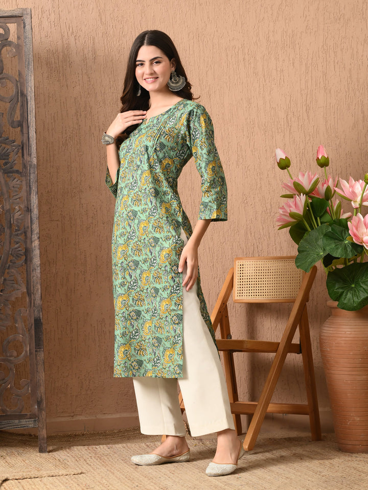 Green Floral Print Cotton Kurta
