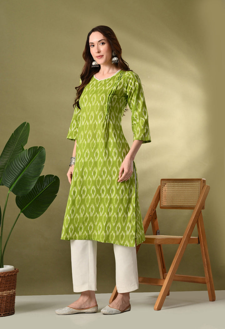 Green Ikkat Print Cotton Kurta