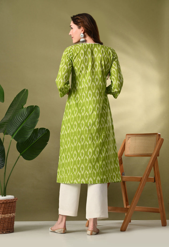 Green Ikkat Print Cotton Kurta
