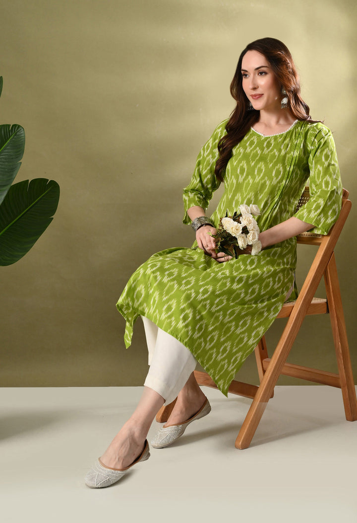 Green Ikkat Print Cotton Kurta